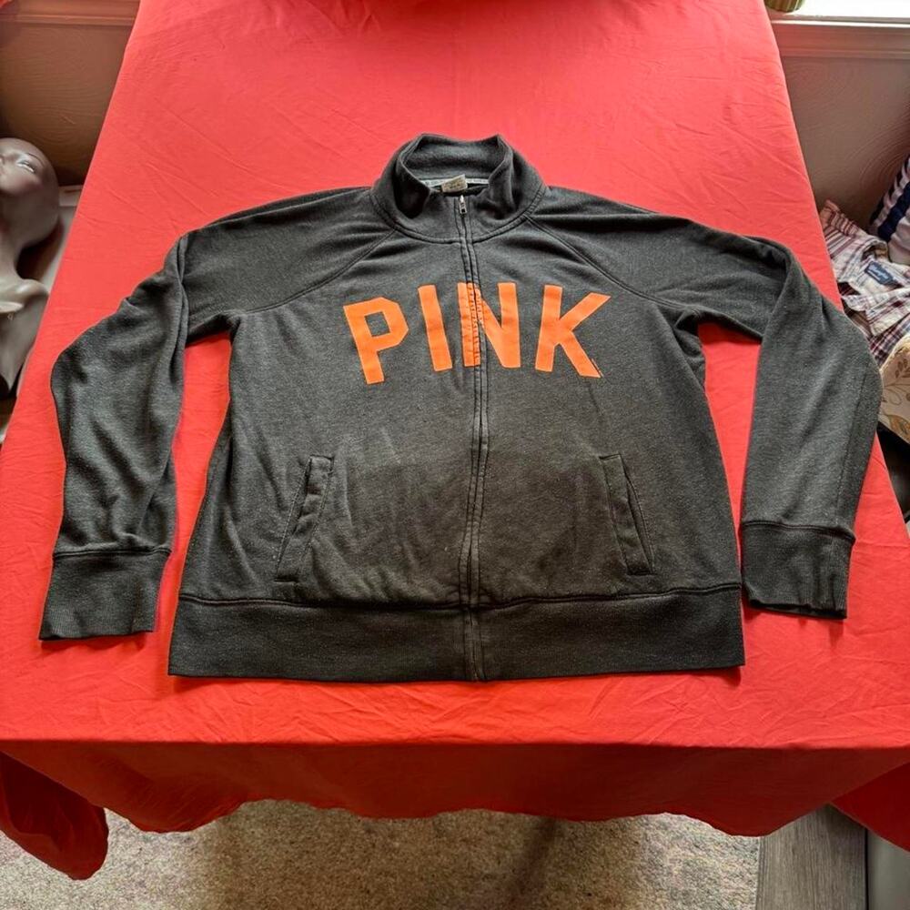 Victoria's Secret PINK zip up jacket with orange 'PINK' text- Size Women's Large